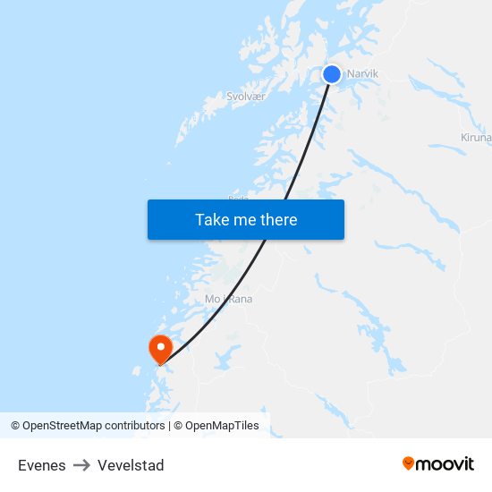 Evenes to Vevelstad map