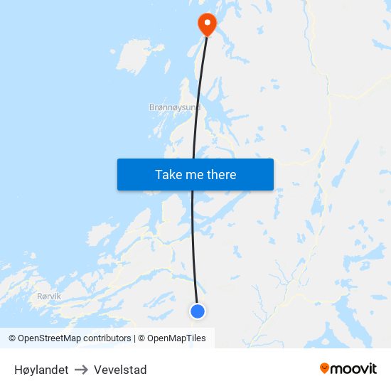 Høylandet to Vevelstad map