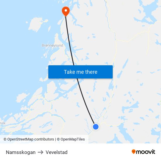 Namsskogan to Vevelstad map