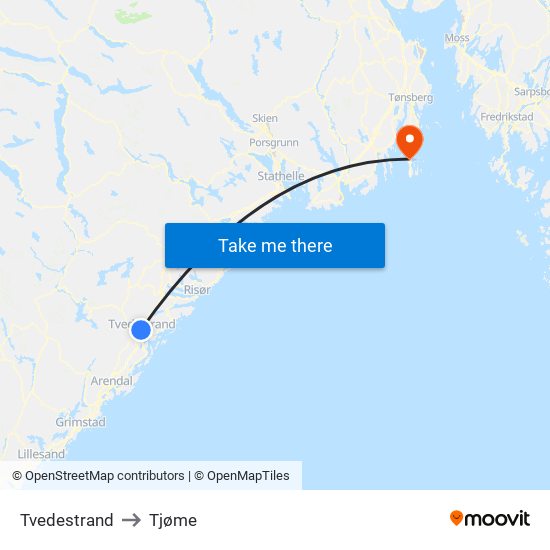 Tvedestrand to Tjøme map