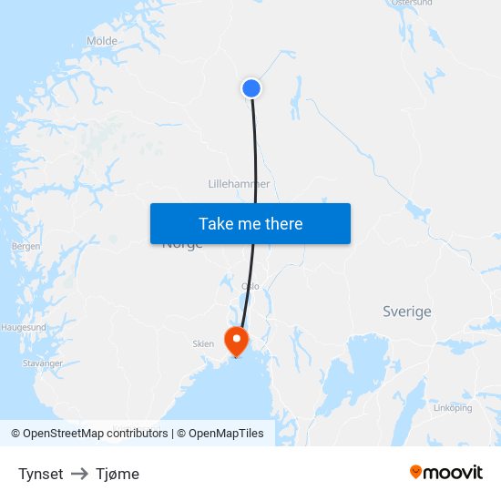 Tynset to Tjøme map