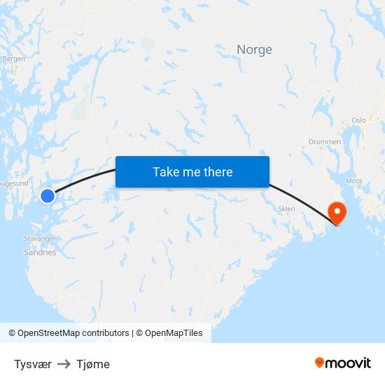 Tysvær to Tjøme map