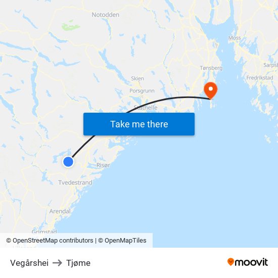 Vegårshei to Tjøme map