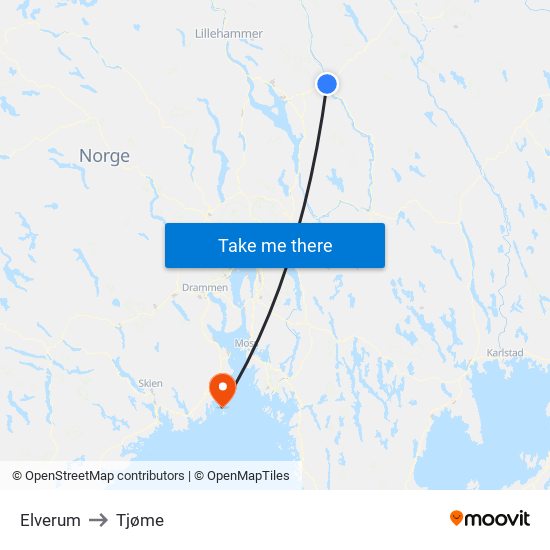 Elverum to Tjøme map