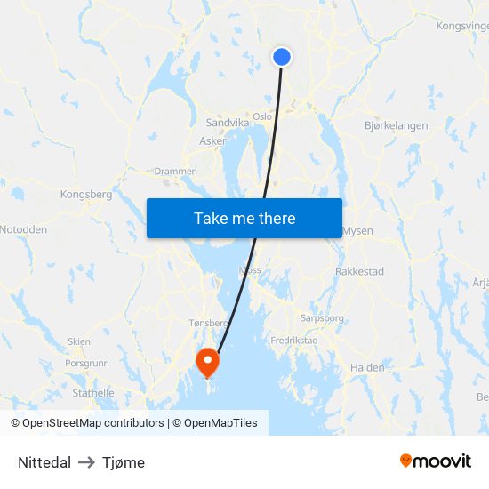 Nittedal to Tjøme map