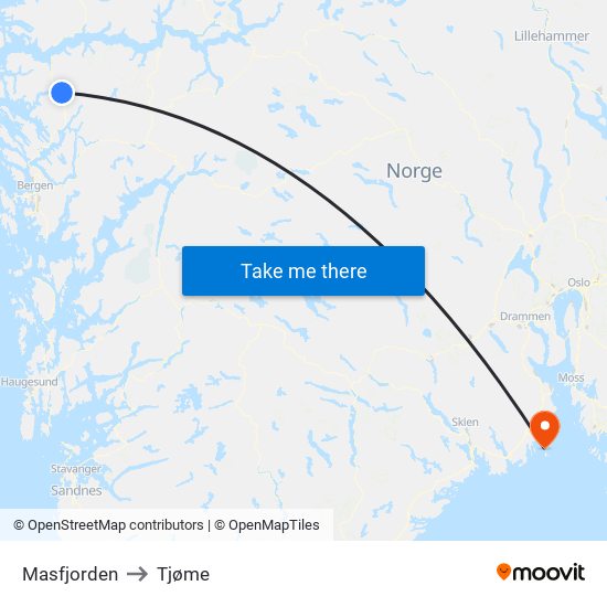 Masfjorden to Tjøme map