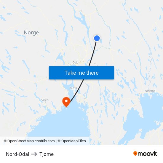 Nord-Odal to Tjøme map