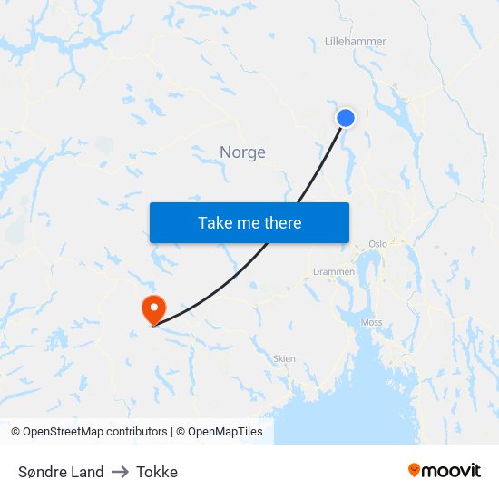 Søndre Land to Tokke map