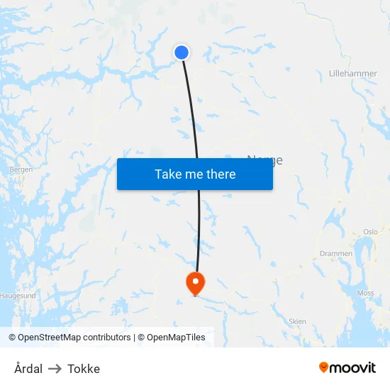 Årdal to Tokke map