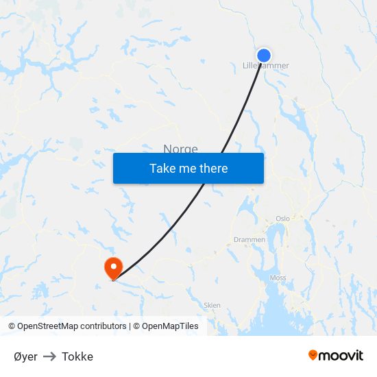 Øyer to Tokke map