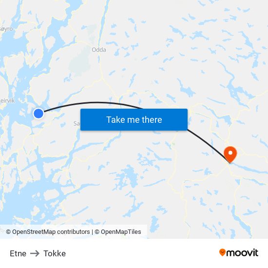 Etne to Tokke map