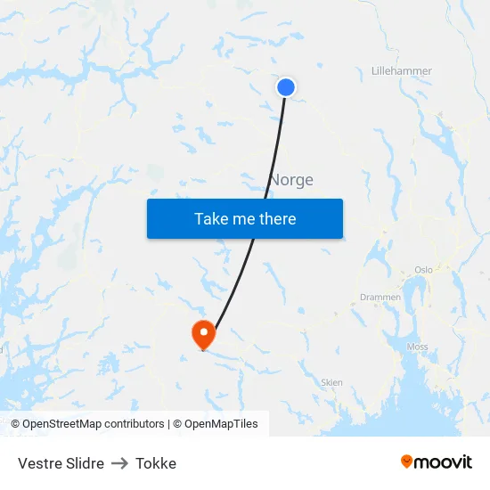 Vestre Slidre to Tokke map