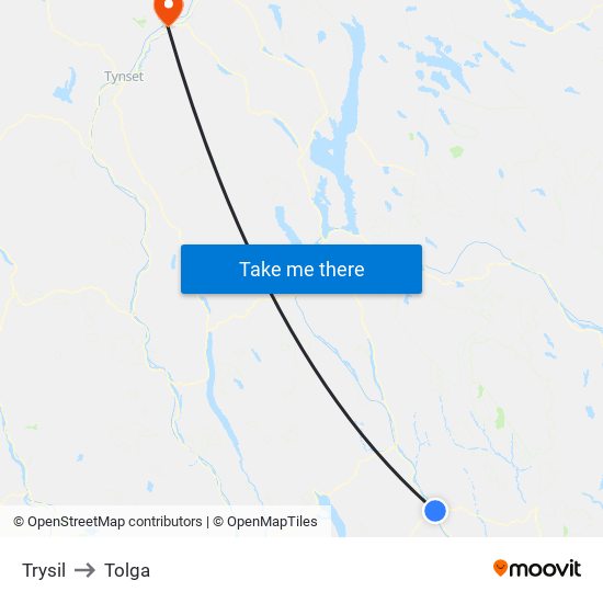 Trysil to Tolga map