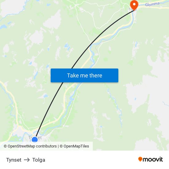 Tynset to Tolga map