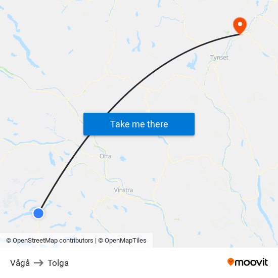 Vågå to Tolga map