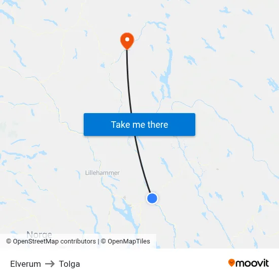 Elverum to Tolga map