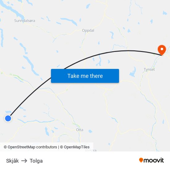 Skjåk to Tolga map