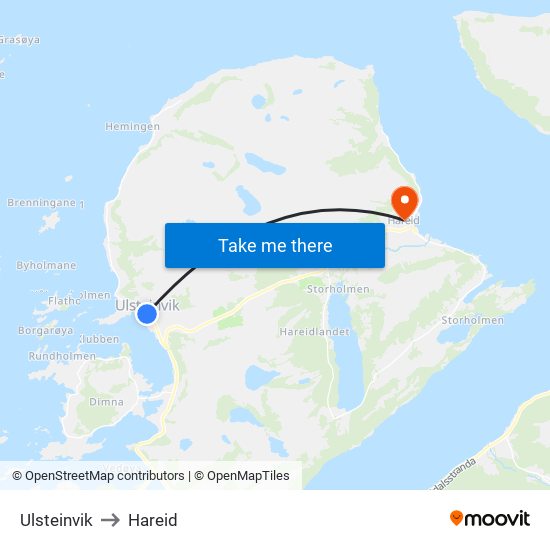 Ulsteinvik to Hareid map