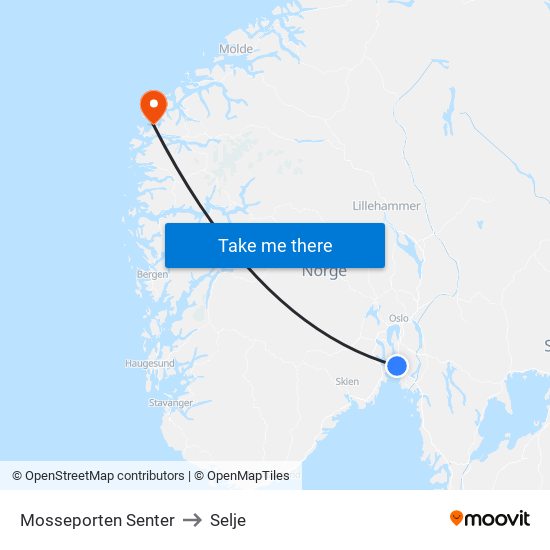 Mosseporten Senter to Selje map