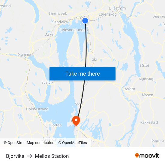 Bjørvika to Melløs Stadion map