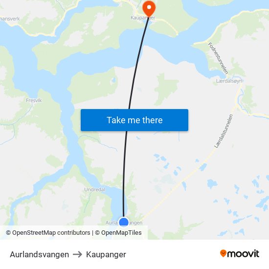 Aurlandsvangen to Kaupanger map