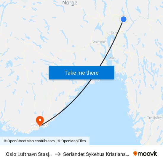 Oslo Lufthavn Stasjon to Sørlandet Sykehus Kristiansand map