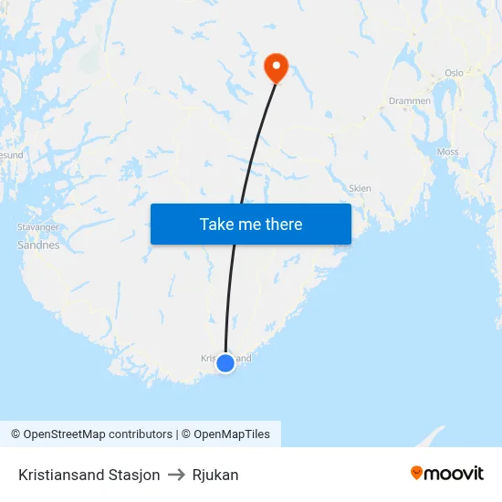 Kristiansand Stasjon to Rjukan map
