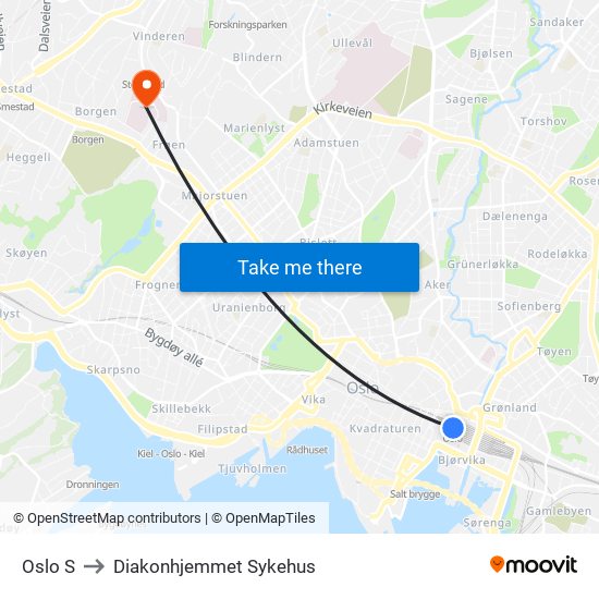 Oslo S to Diakonhjemmet Sykehus map