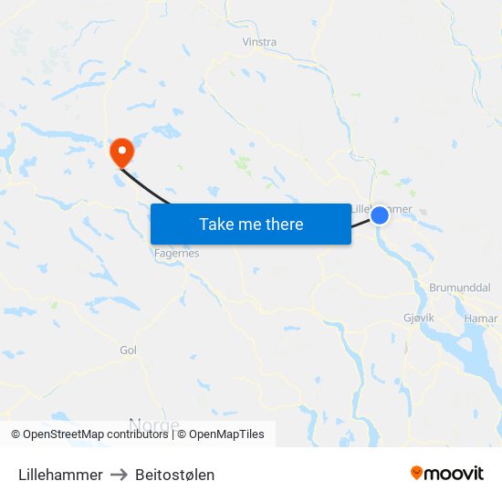 Lillehammer to Beitostølen map