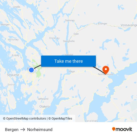 Bergen to Norheimsund map
