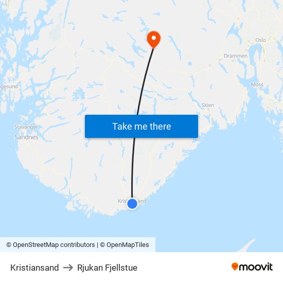 Kristiansand to Rjukan Fjellstue map