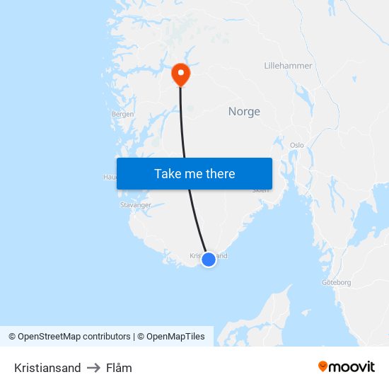 Kristiansand to Flåm map