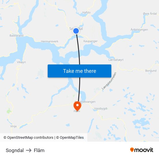 Sogndal to Flåm map