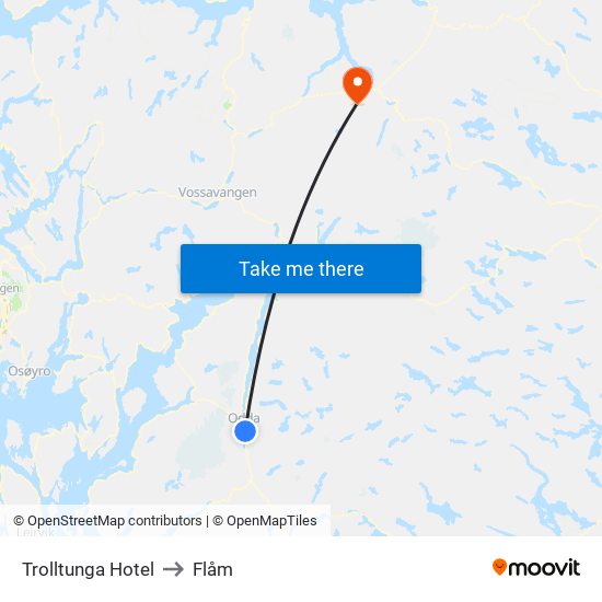 Trolltunga Hotel to Flåm map