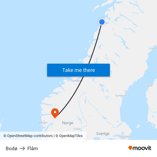 Bodø to Flåm map