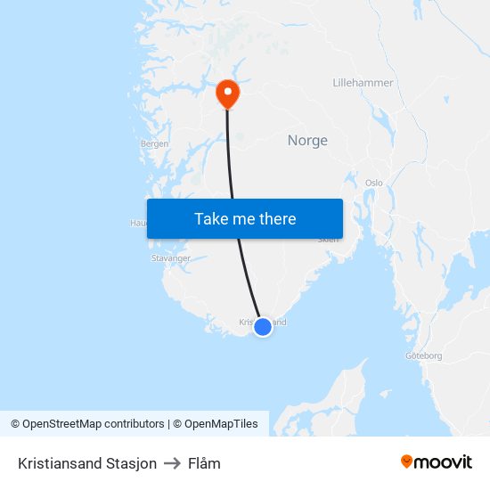 Kristiansand Stasjon to Flåm map