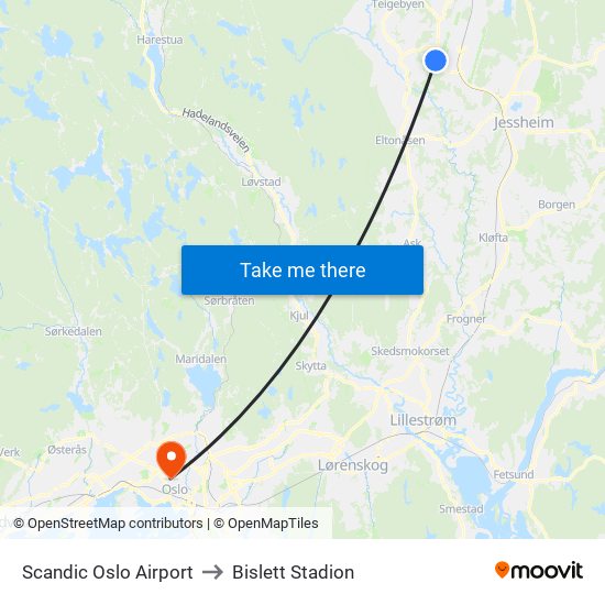 Scandic Oslo Airport to Bislett Stadion map