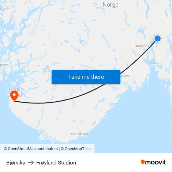 Bjørvika to Frøyland Stadion map