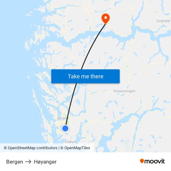 Bergen to Høyanger map