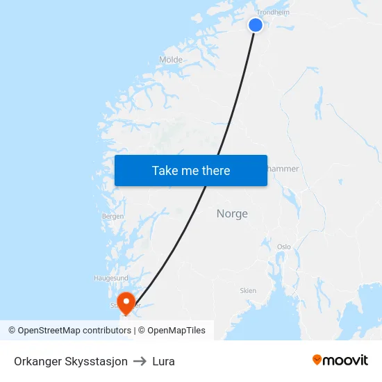 Orkanger Skysstasjon to Lura map