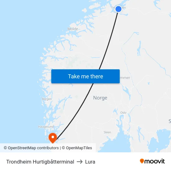 Trondheim Hurtigbåtterminal to Lura map