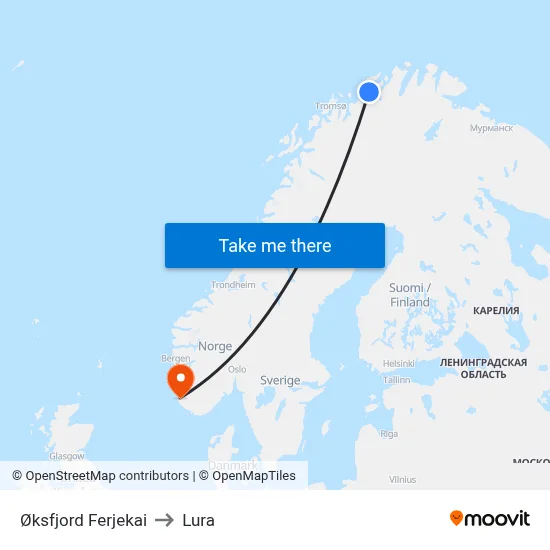 Øksfjord Ferjekai to Lura map