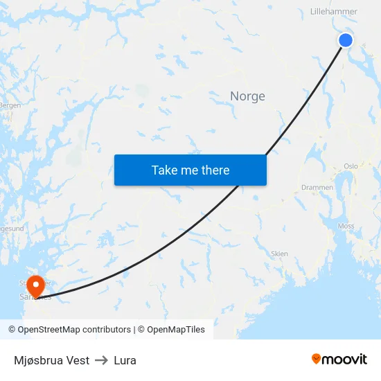 Mjøsbrua Vest to Lura map