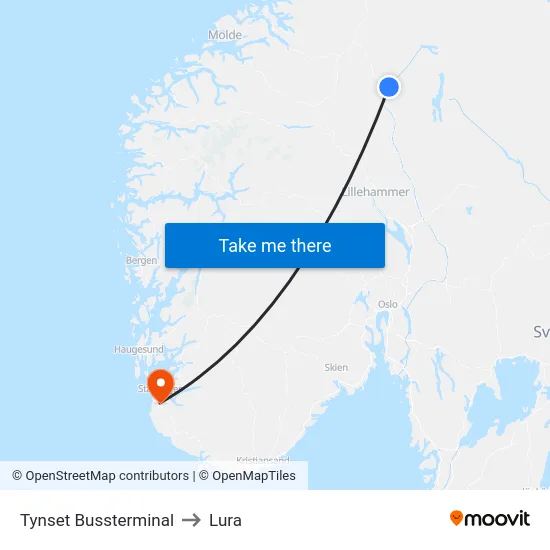 Tynset Bussterminal to Lura map