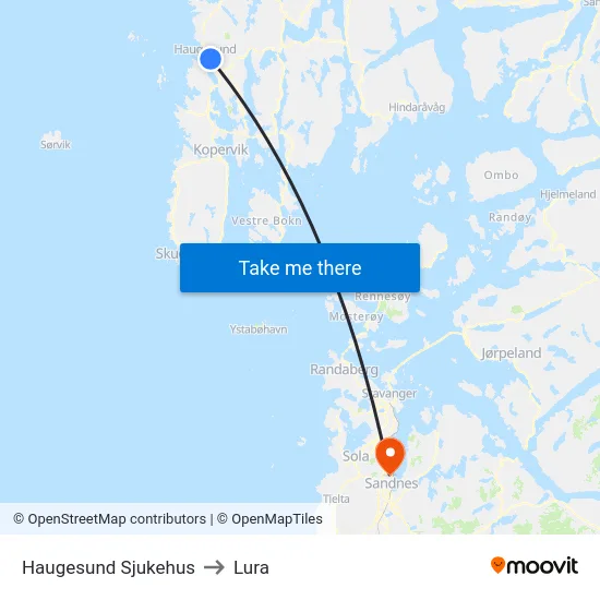 Haugesund Sjukehus to Lura map