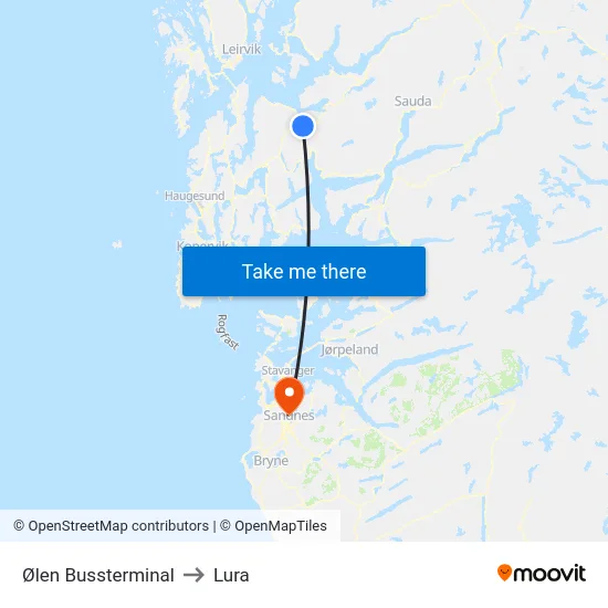 Ølen Bussterminal to Lura map