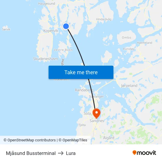 Mjåsund Bussterminal to Lura map