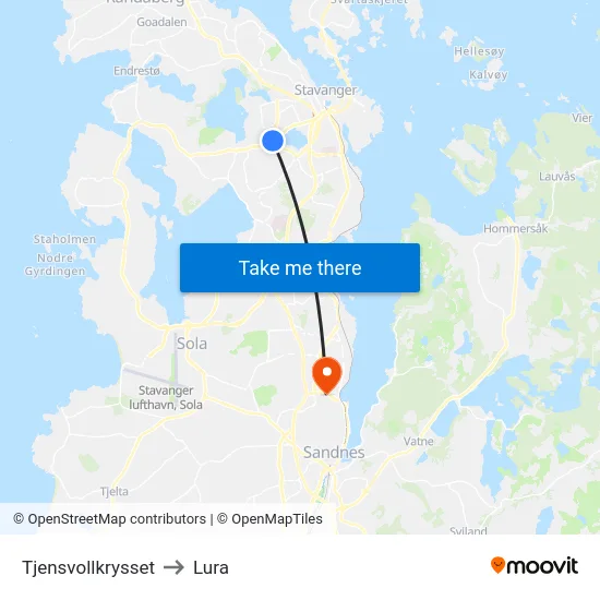 Tjensvollkrysset to Lura map