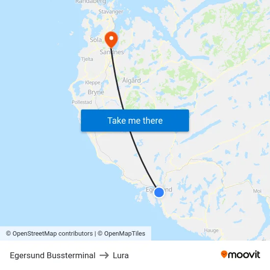 Egersund Bussterminal to Lura map