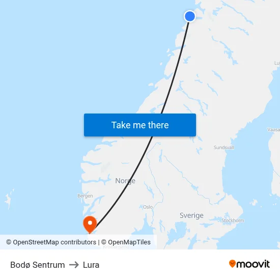 Bodø Sentrum to Lura map